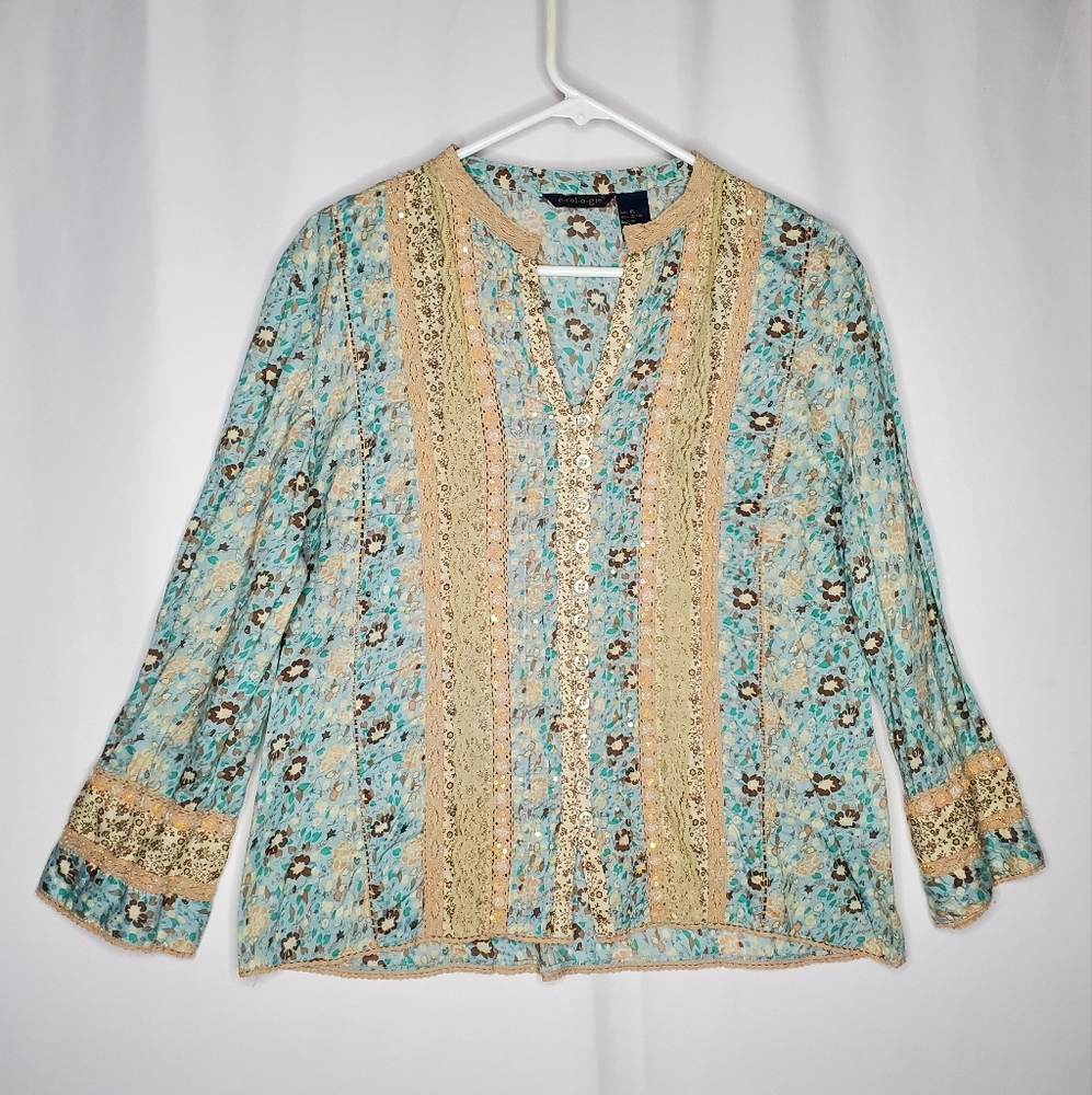 Ecologie Button Top Womens XL Sequin Lace Floral Pleated Button Coastal Cowgirl - Picture 10 of 11